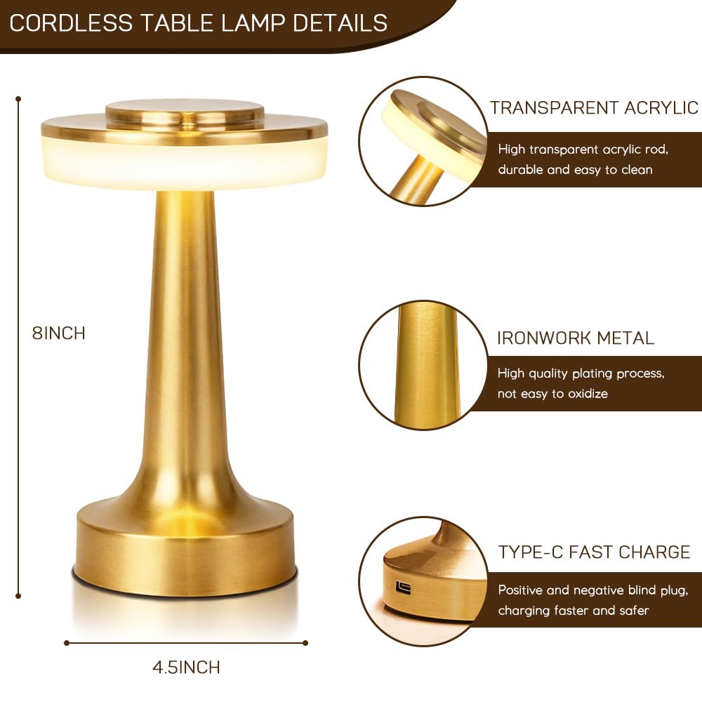 Cordless Metal Desk Lamp, Touch Sensor Control LED Table Lamp,3 Color Stepless Dimmable Battery Powered Lamp for Living Room, Dorm, Home Office (Gold)