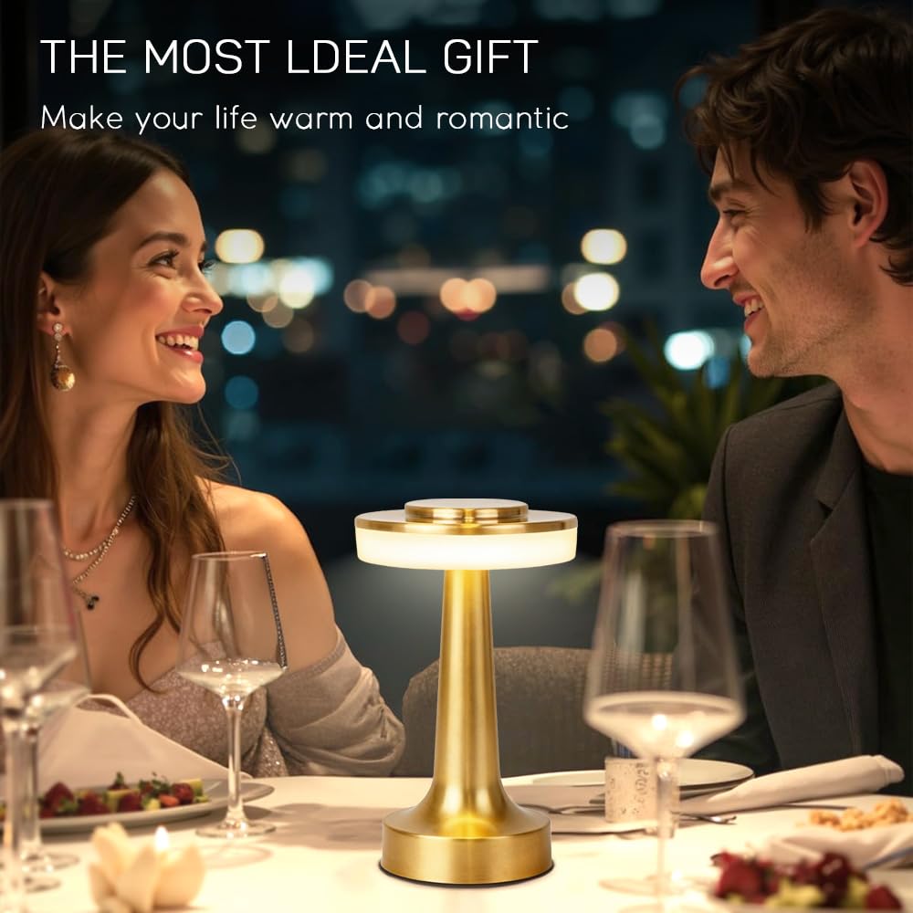 Cordless Metal Desk Lamp, Touch Sensor Control LED Table Lamp,3 Color Stepless Dimmable Battery Powered Lamp for Living Room, Dorm, Home Office (Gold)