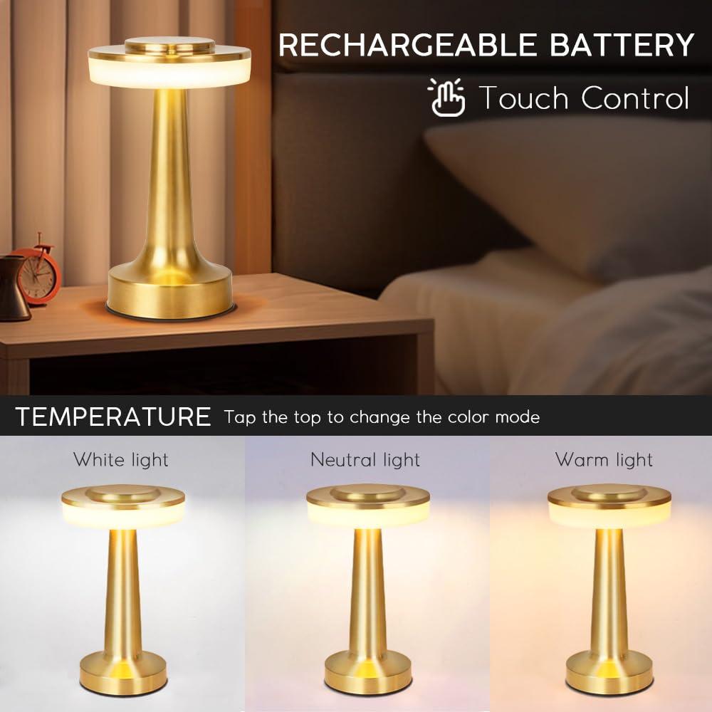 Cordless Metal Desk Lamp, Touch Sensor Control LED Table Lamp,3 Color Stepless Dimmable Battery Powered Lamp for Living Room, Dorm, Home Office (Gold)