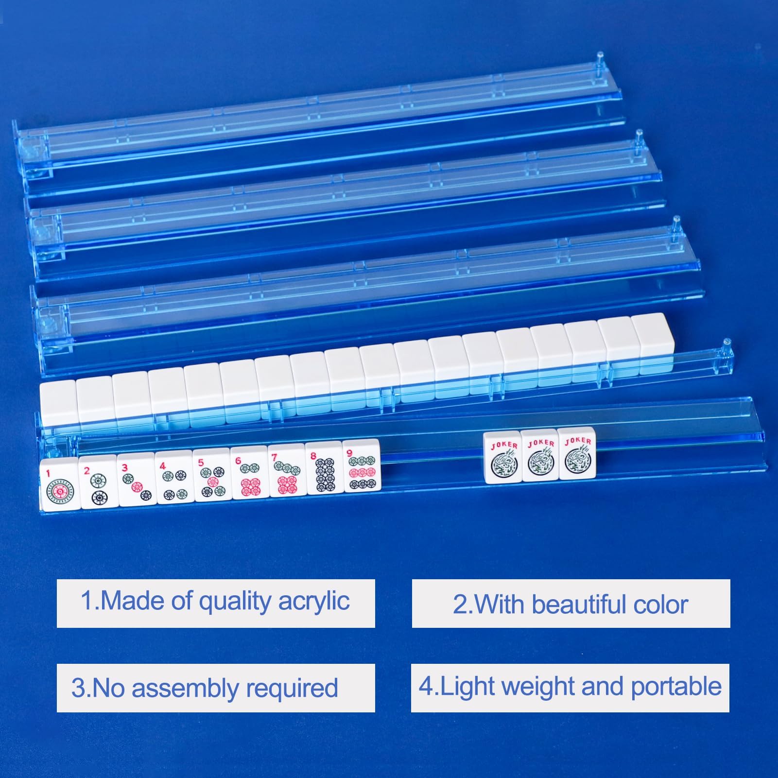Mahjong All-in-One Tile Rack & Pusher, Clear Acrylic Mahjong Rack and Pusher Combo, Modern American Majiang Tile Racks, Set of 4