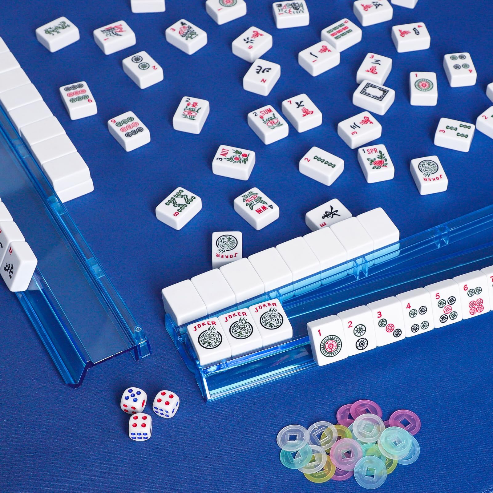 Mahjong All-in-One Tile Rack & Pusher, Clear Acrylic Mahjong Rack and Pusher Combo, Modern American Majiang Tile Racks, Set of 4